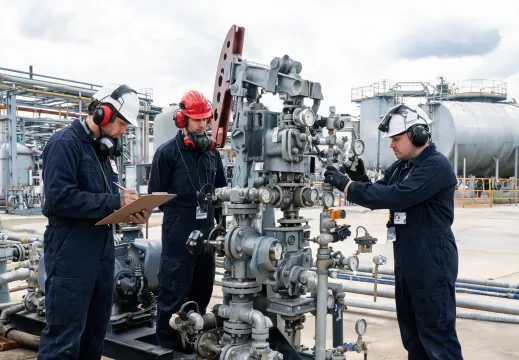 Oil and gas crew with headset communication
