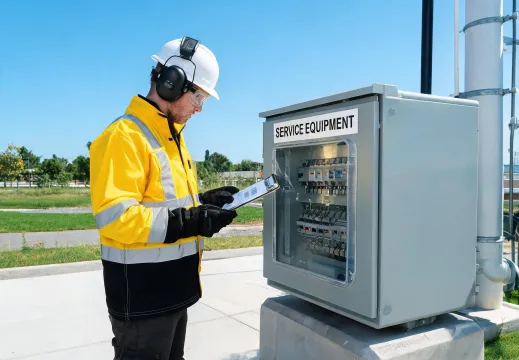 Utility technician with hearing protection