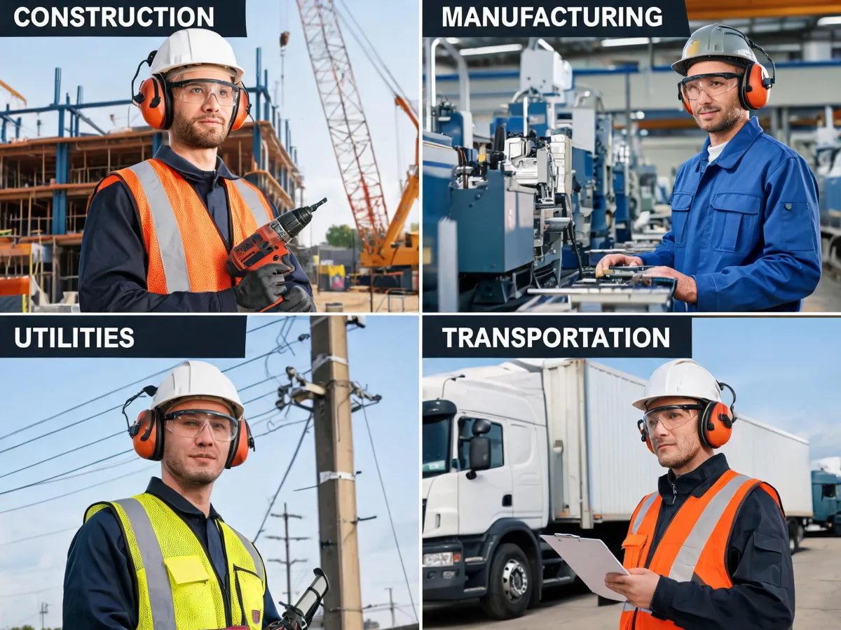 Industrial crews using hearing protection across workplaces
