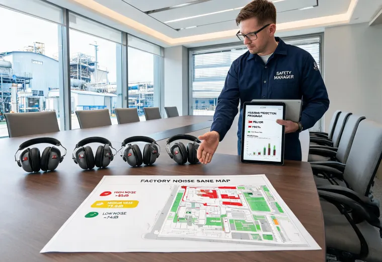 Safety manager reviewing Peltor hearing protection program